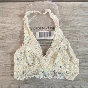 New Victoria's Secret Halter Bra Bralette Medium Ivory Lace Pink Blue Dot NWT